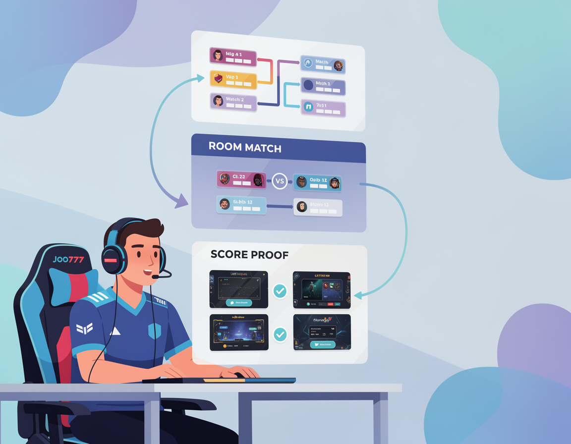Ilustrasi alur winner verification untuk kapten squad untuk turnamen game online joo777 dengan bracket, room match, dan bukti skor